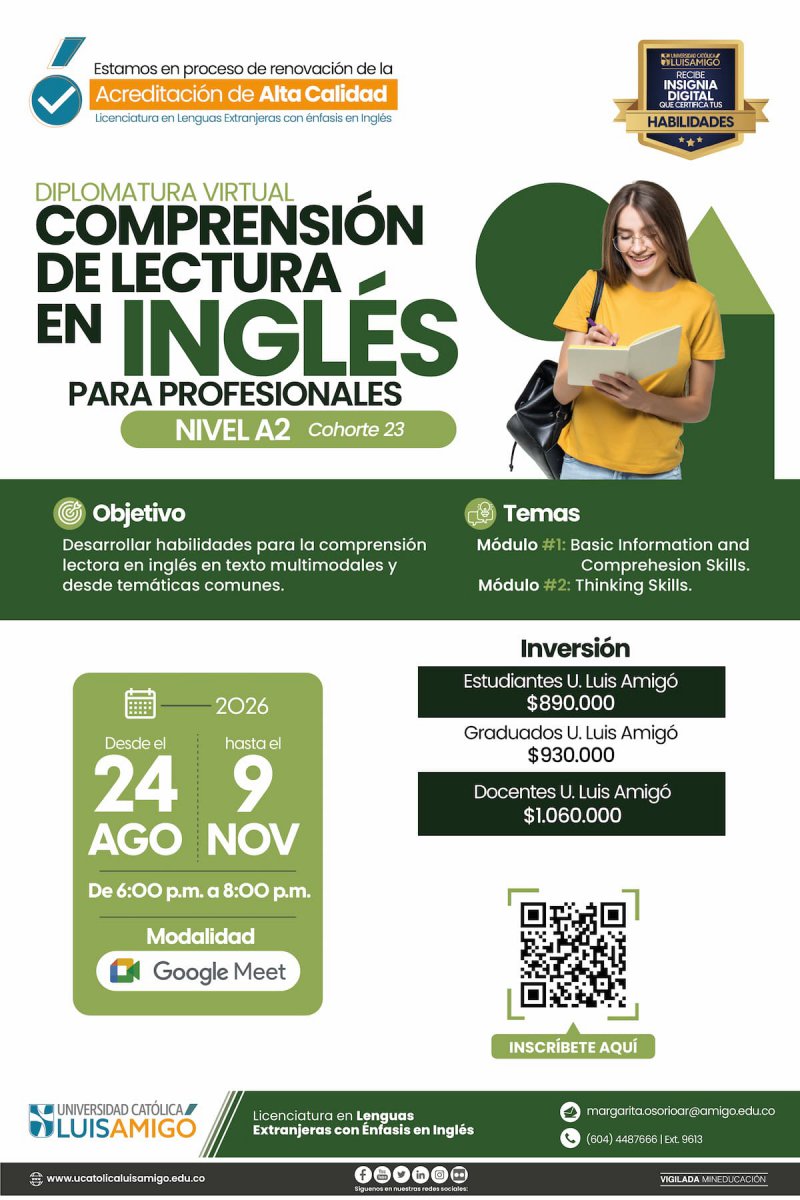 Diplomatura virtual Comprensión de lectura en inglés para profesionales - Nivel A2 Cohortes 23