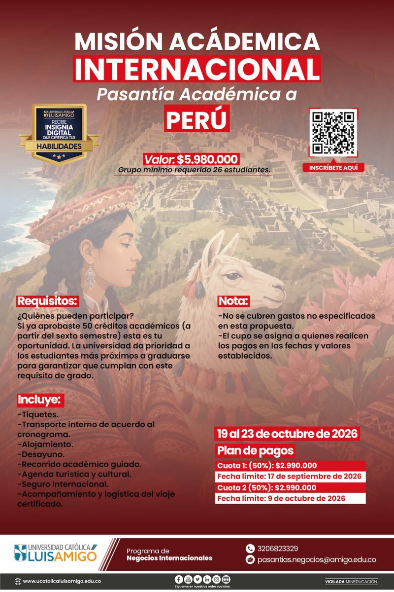 Misión Académica Internacional en Perú 2026 Universidad Católica Luis Amigó
