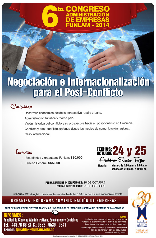 VI Congreso de administración FUNLAM "Negociación e internacionalización para el post-conflicto"